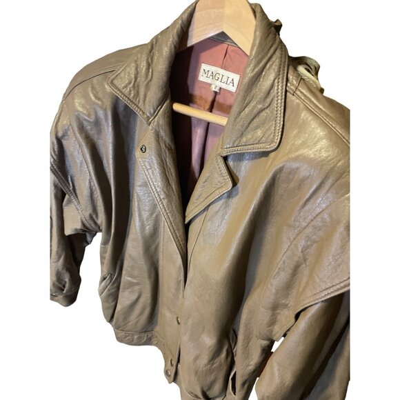 Vintage Maglia Tan Leather Snap Front Bomber Jacket SZ 8 - Picture 4 of 6